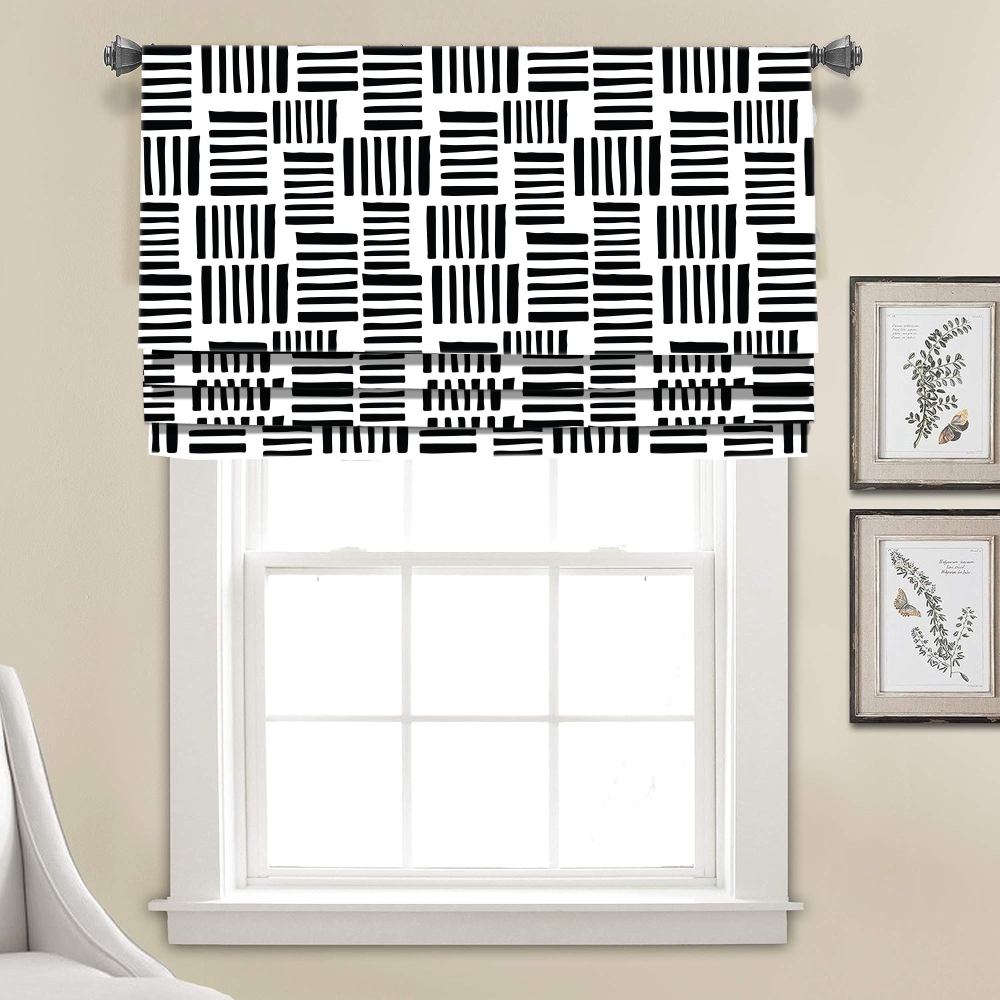 Faux (fake) flat a pan shade buy valance. Custom Sizing. PremieroPrints Vertical StripeoBlack/White.