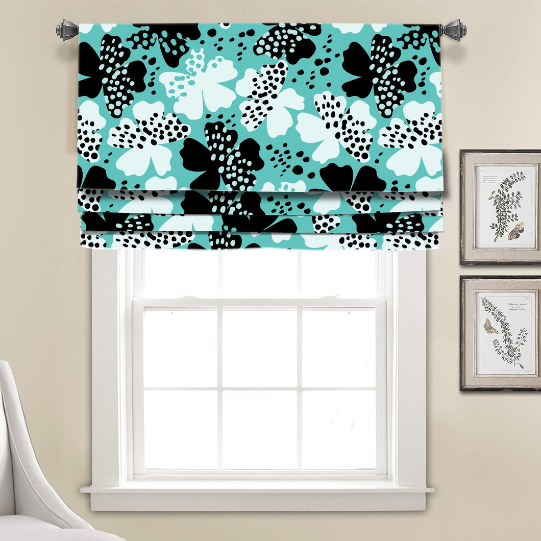 Teal Turquoise Mod Blossoms Linen Faux Roman Shade Valance