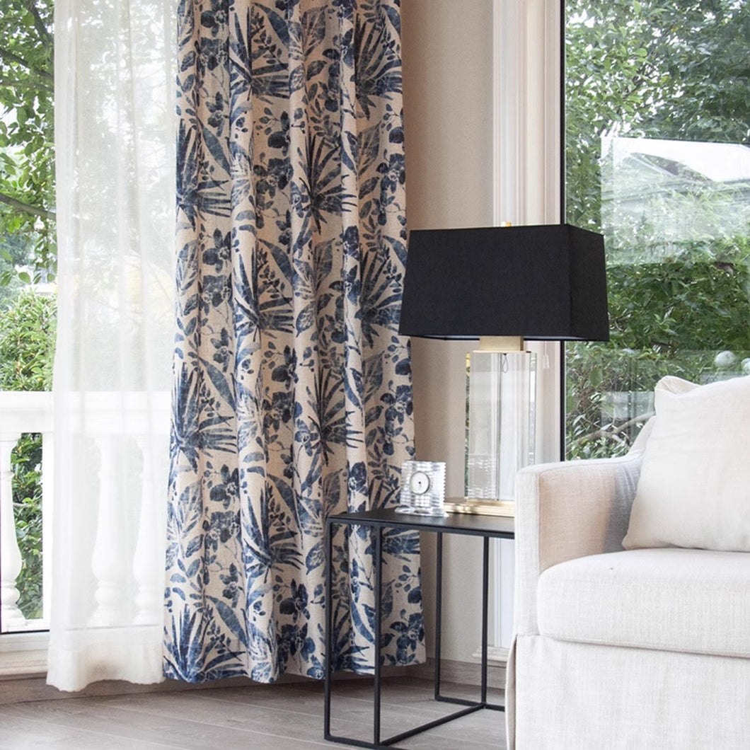 Indigo Floral Foliage Print Window Curtains Drapery