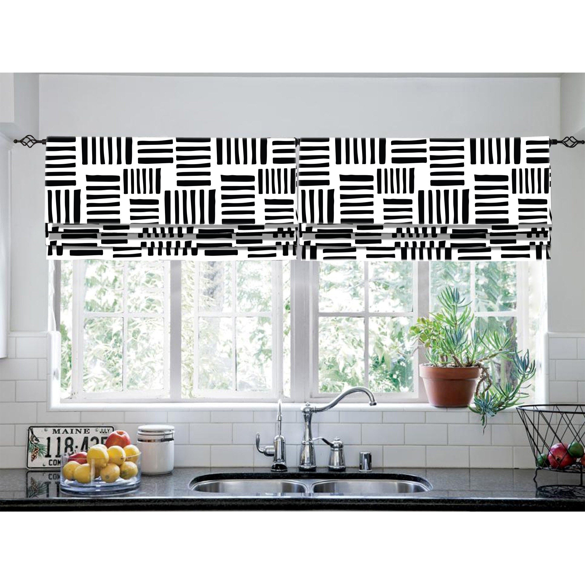 Black and White Check Faux buying (Fake) Flat Roman Shade Kitchen Valance; Modern Farmhouse, Plaid; Lined, Premier Newton in Black