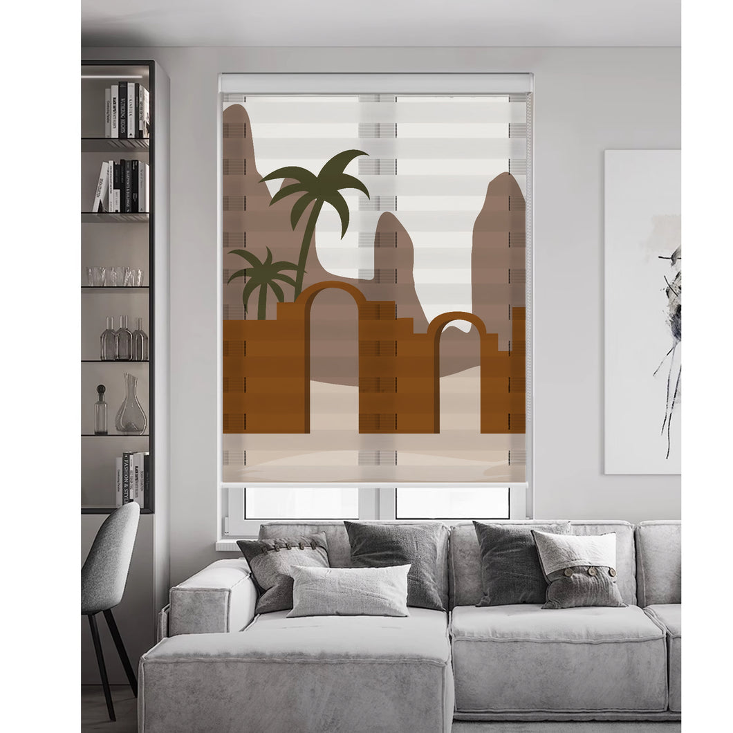 Boho Terra Cotta Mountain Window Zebra Roller Shades with Valance