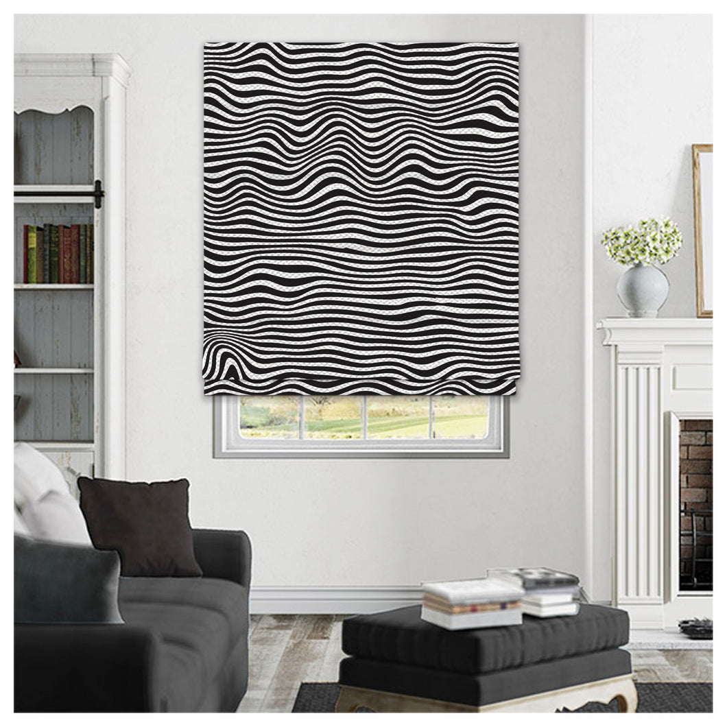 Wave Line Illusion Black and White Window Roman Shade