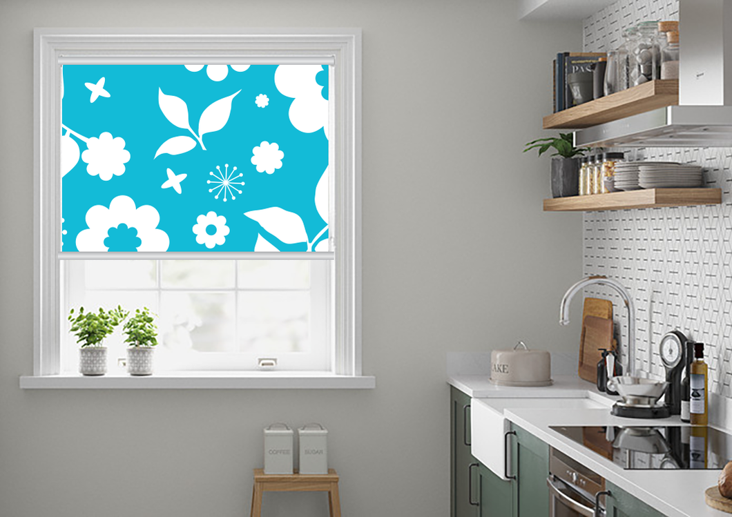 Blue and White Botanical Flower Window Roller Shade