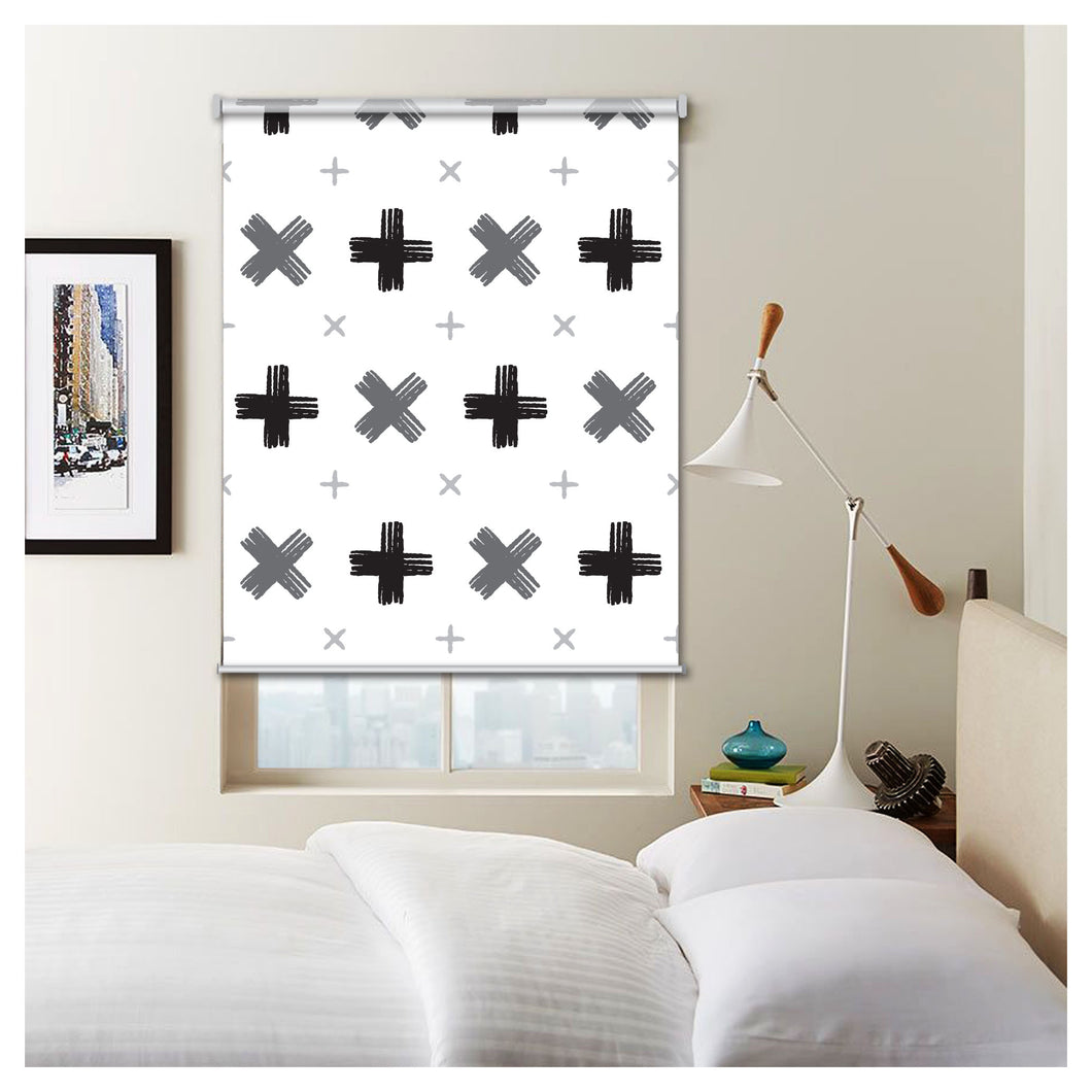 Modern Black White Gray Cross Print Window Roller Shade